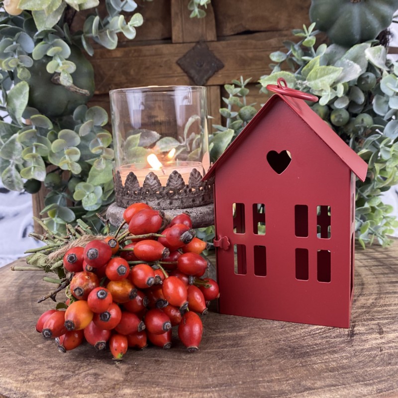 Kovová lucerna Červený domček, 13 cm