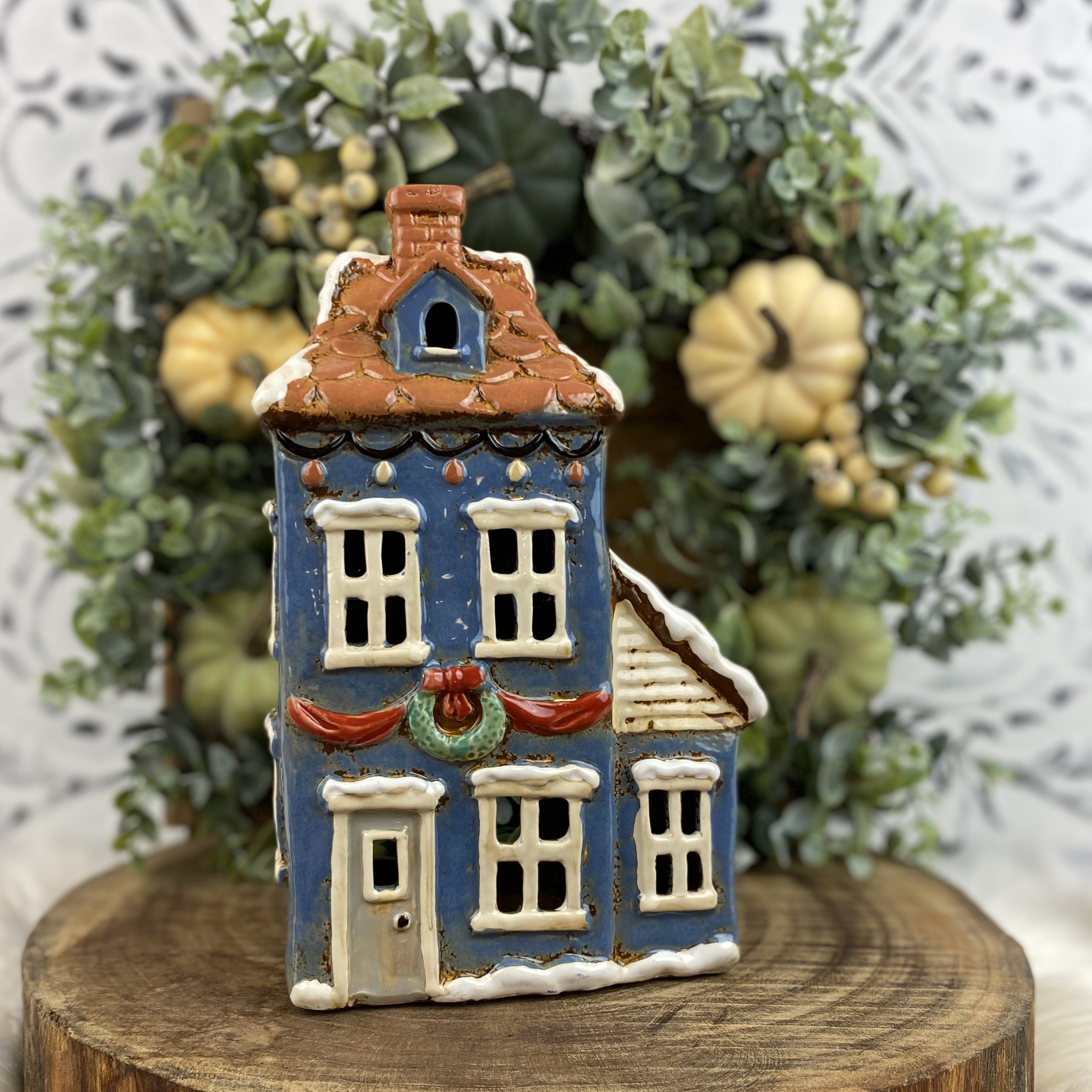 Keramická lucerna Vintage Domček s prístavbou, modrý