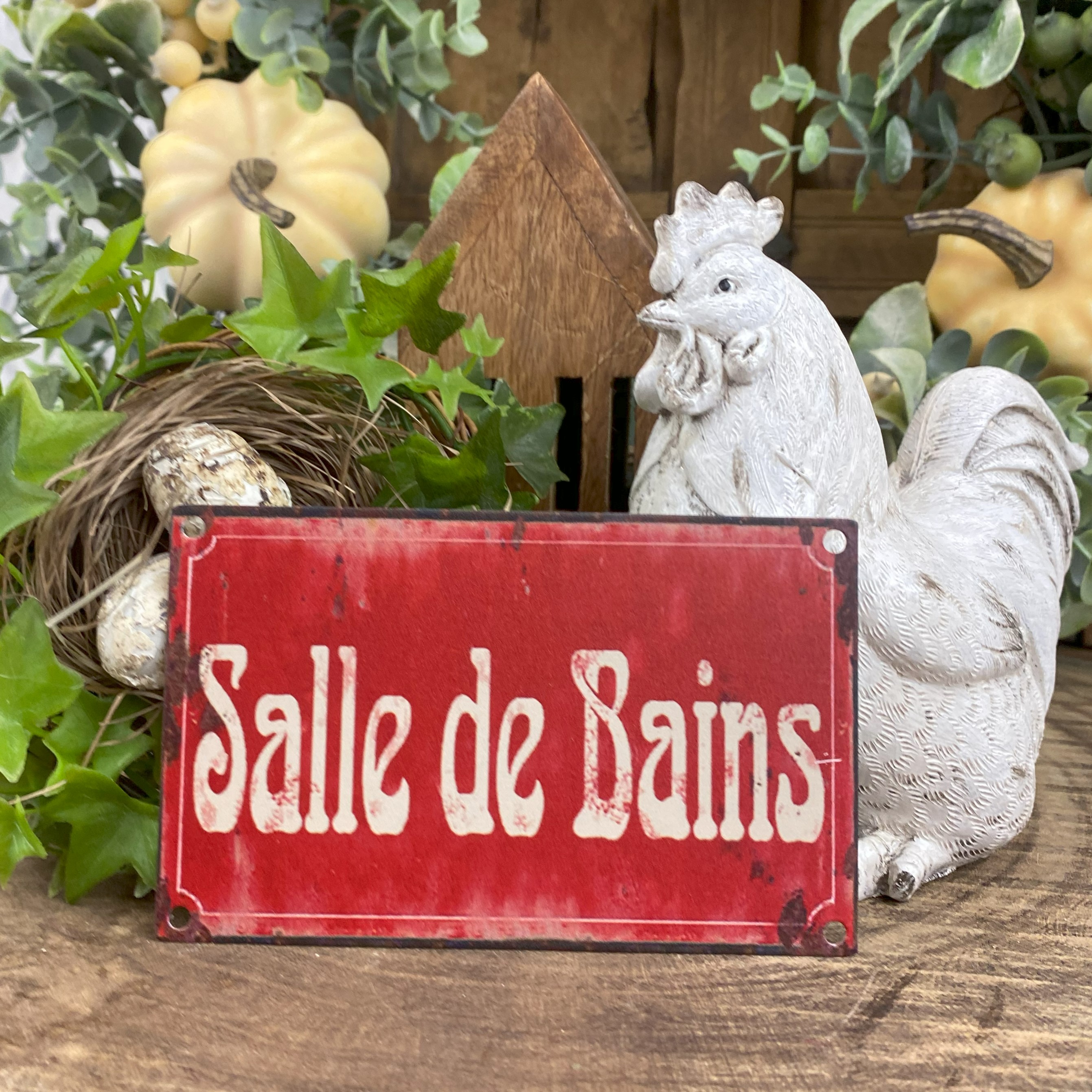 Vintage kovová tabuľka "Salle de Bains "  - Kúpelňa