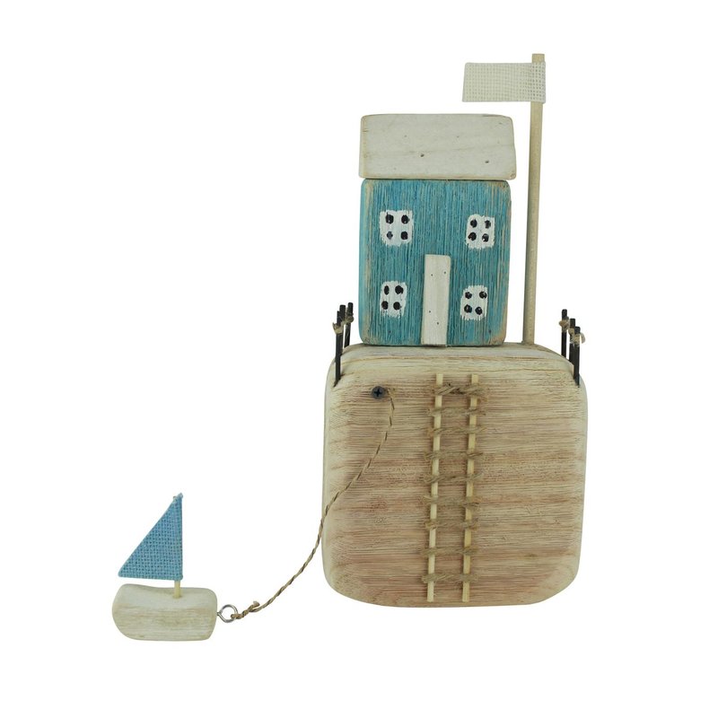 Drevená dekorácia Vintage domček modrý s lodičkou