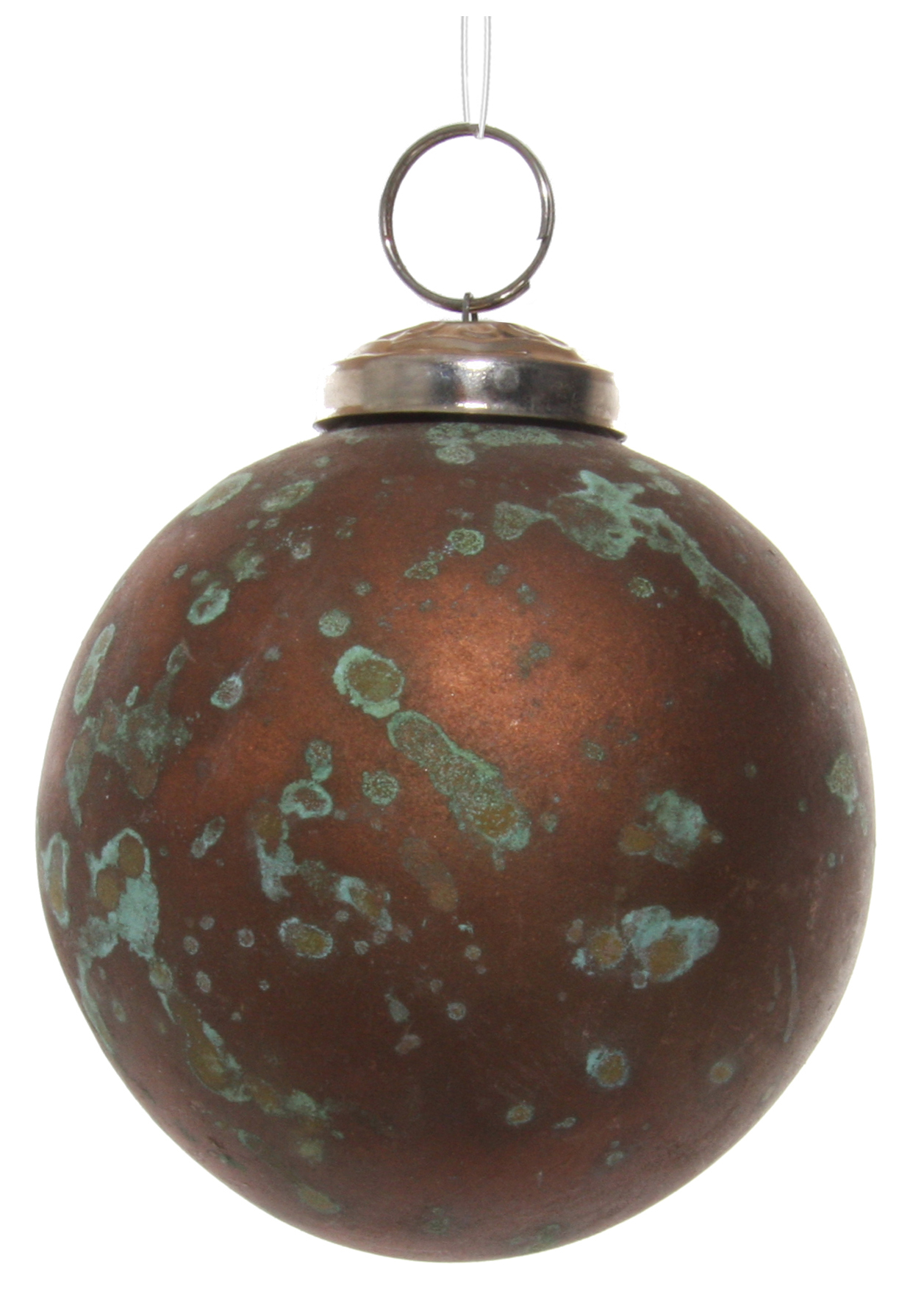 Sklenená vianočná guľa, medená so zelenou patinou, 8 cm