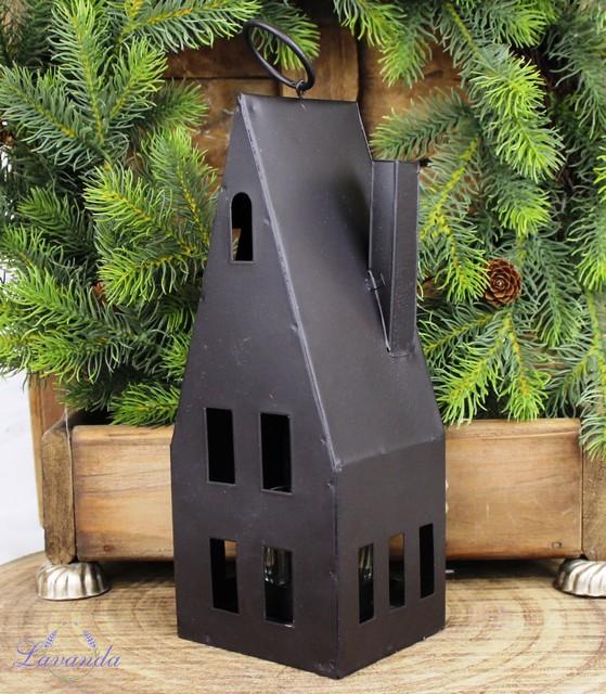 Kovová lucerna Čierny domček, 27cm