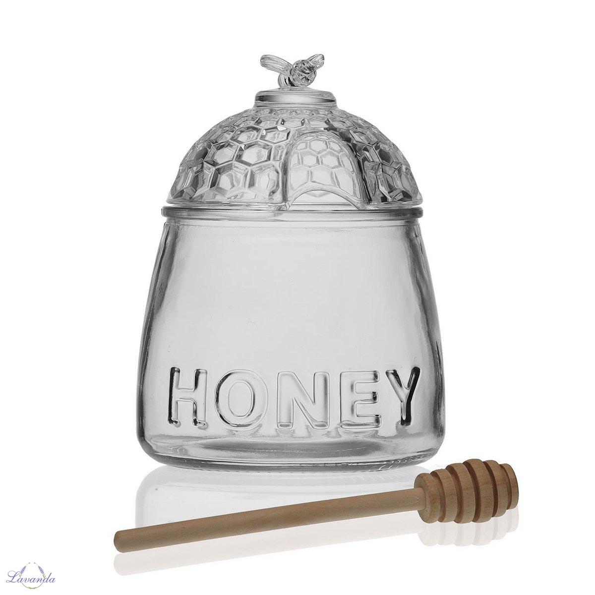 Sklenená dóza na med s nápisom HONEY
