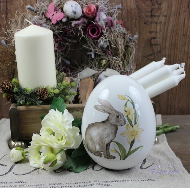 Jarná dekorácia porcelánové vajíčko so zajačikom, menšie