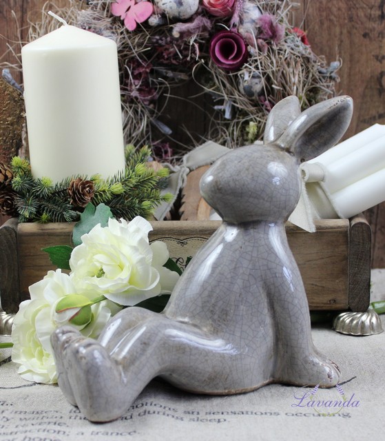 Keramická dekorácia sediaci Zajac, šedý