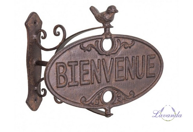 Kovová tabuľka s vtáčikom "Bienvenue " s konzolou