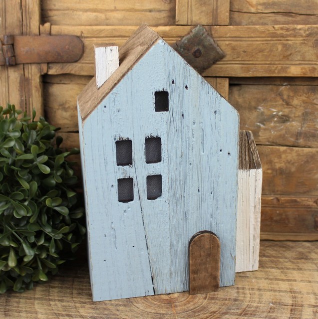 LED lucerna  - Modrý drevený domček 