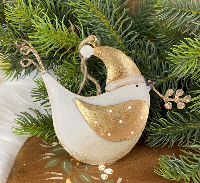 Vianočný kovový vtáčik Gold, smotanový