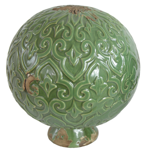 Záhradná dekorácia, keramická guľa s jemným ornamentom, zelená