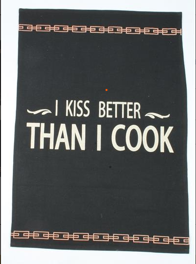 Bavlnená utierka "I kiss better than I cook", čierna