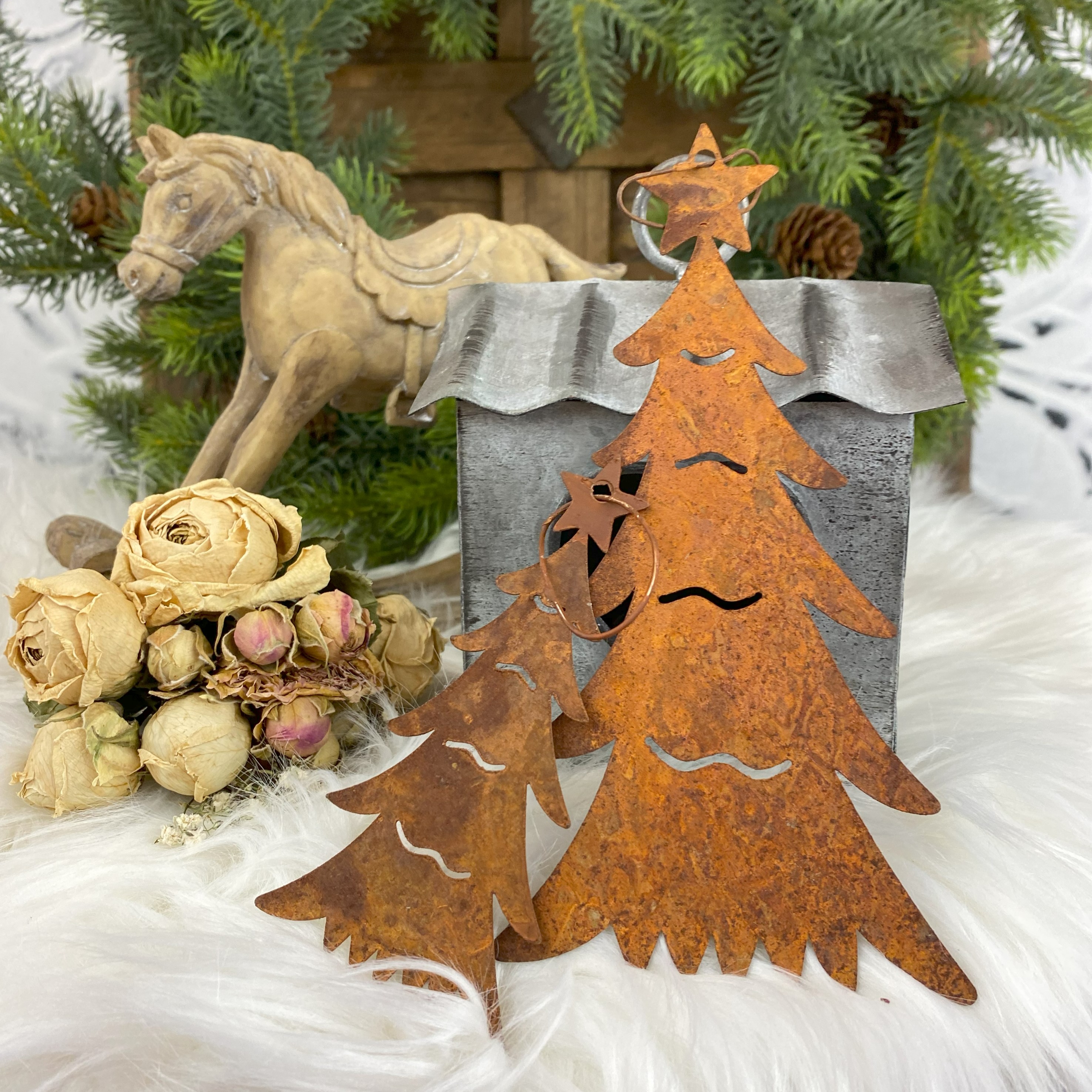 Vintage vianočná ozdoba Stromček, hrdzavá patina - sada 2 kusy