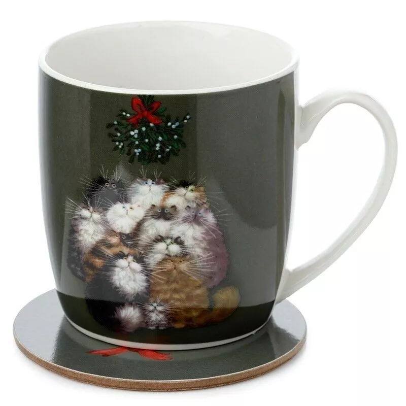 Porcelánový hrnček a podložka od Kim Haskins " 12 Cats of Christmas "