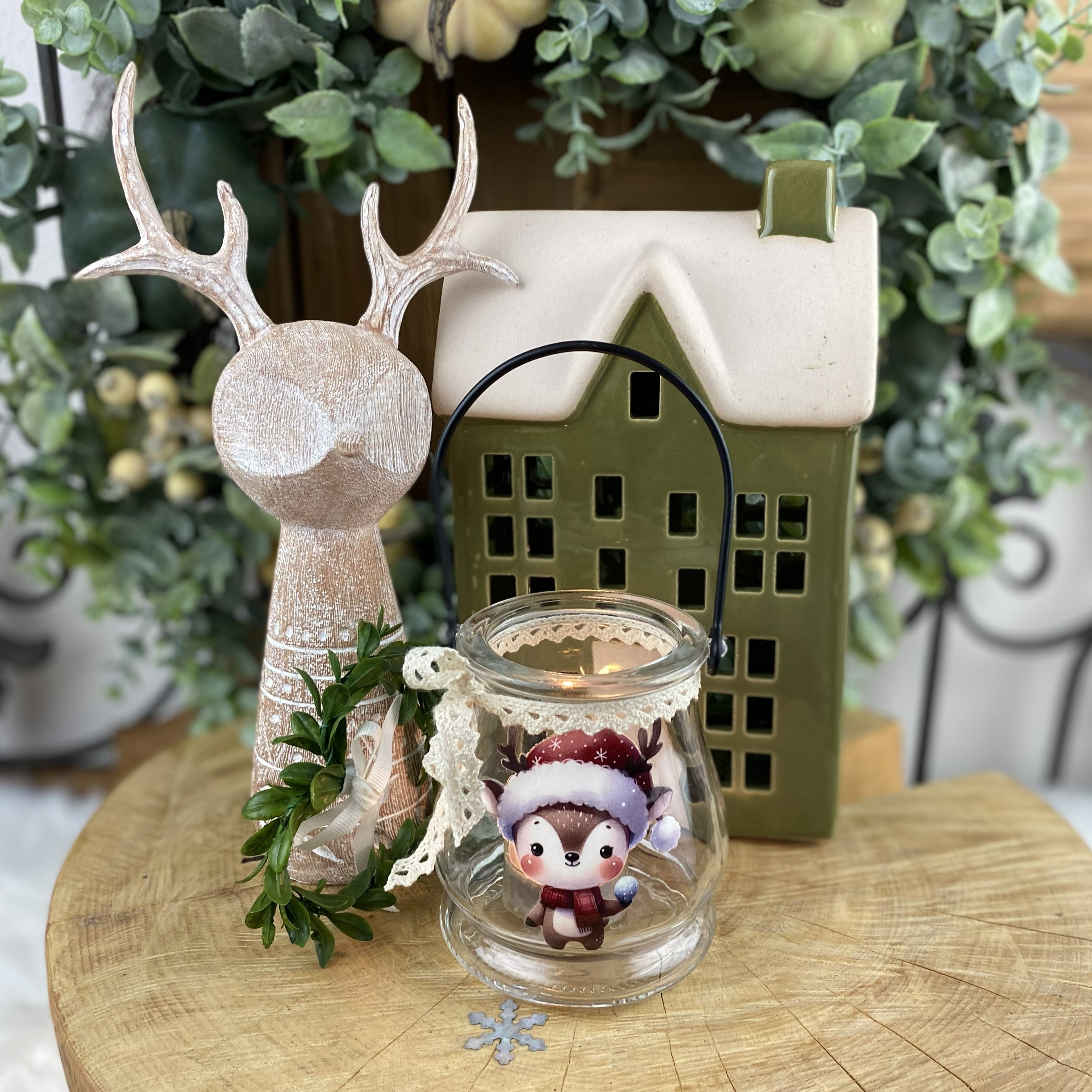Sklenená lucerna Christmas deer, vzor1 