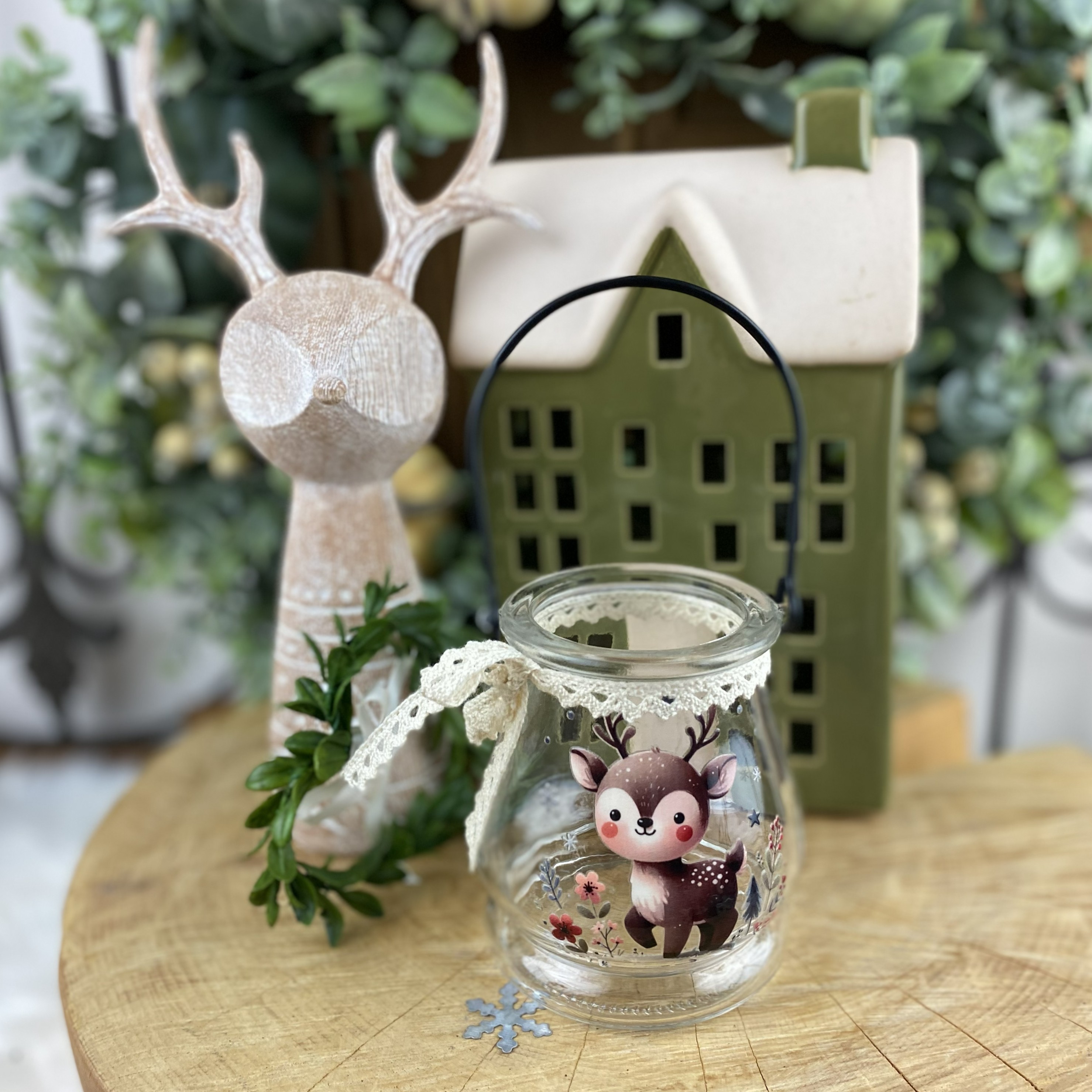 Sklenená lucerna Christmas deer, vzor2