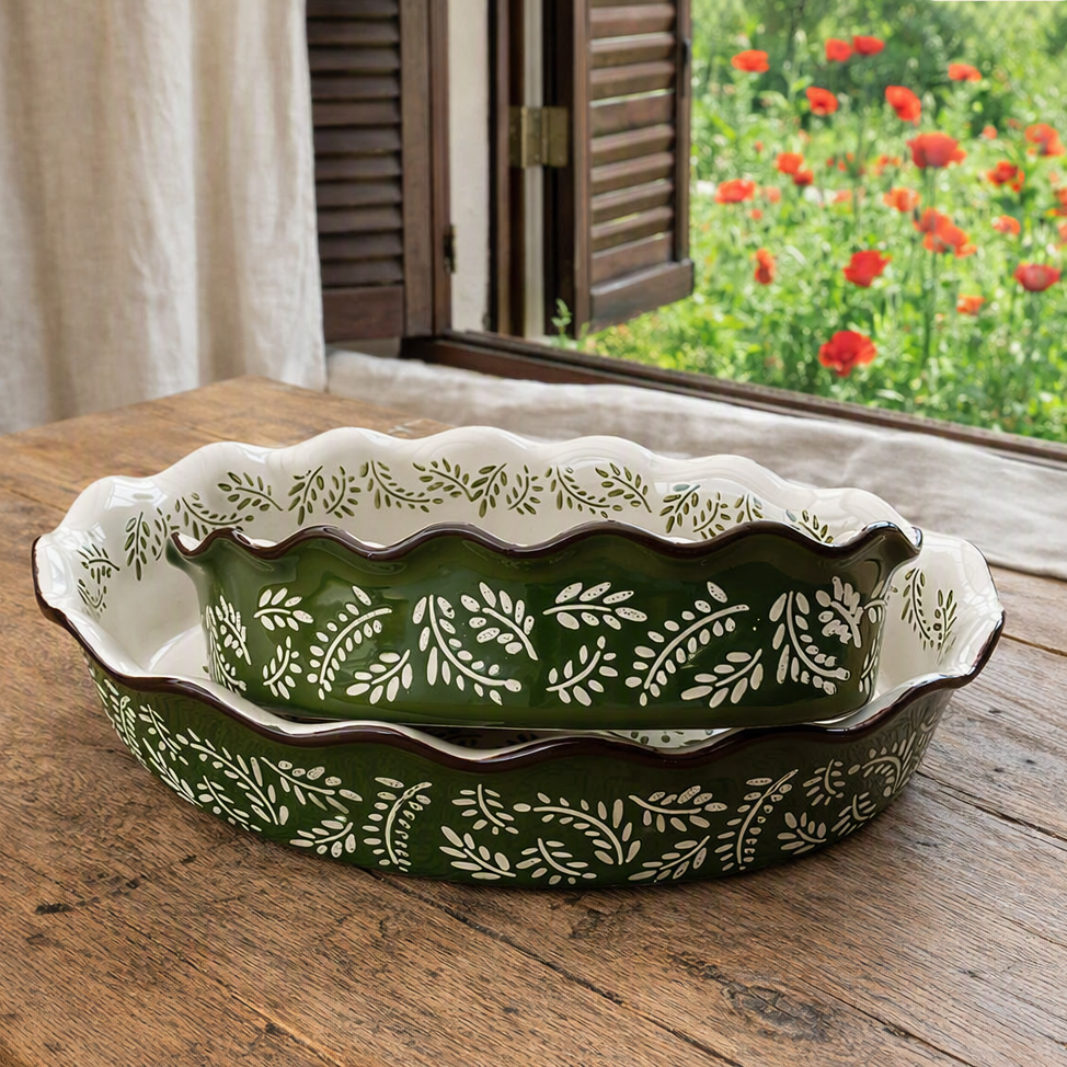 Kameninová zapekacia misa Oval Green herbs, väčšia