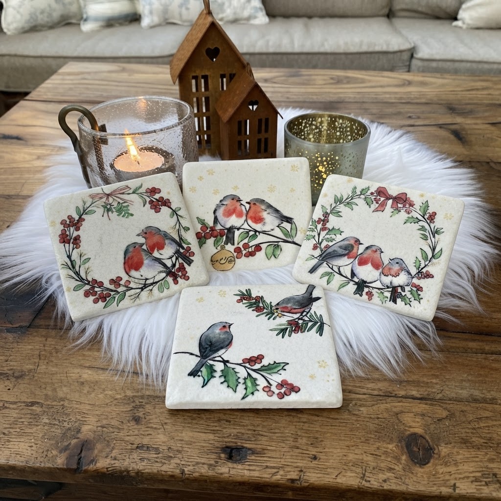 Podložky pod poháre Robins with holly, sada 4kusy