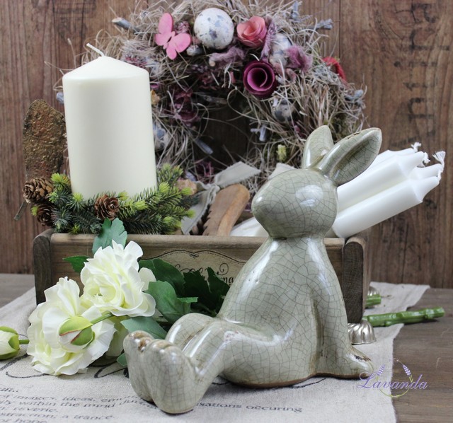 Keramická dekorácia sediaci Zajac, zelený